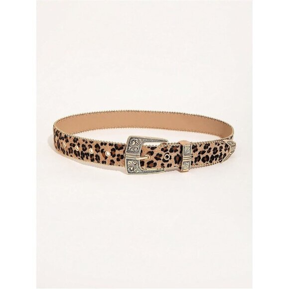 Leopard Print Faux Leather Belt for Women Y2K Western Buckle Streetwear